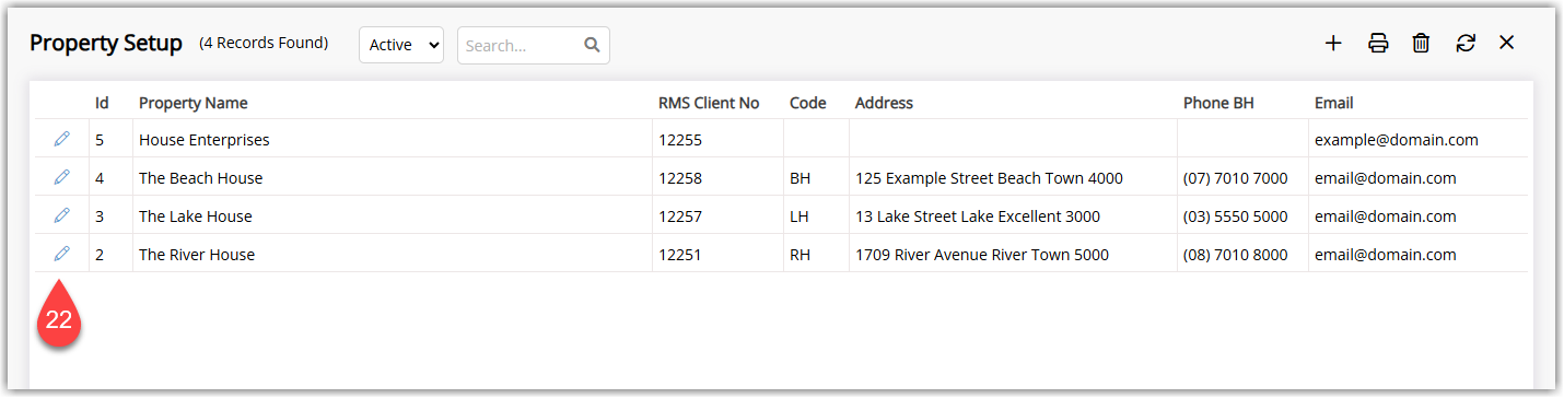 RMS Property Information screen listing properties and allowing selection of a property to configure Guest Rewards settings.