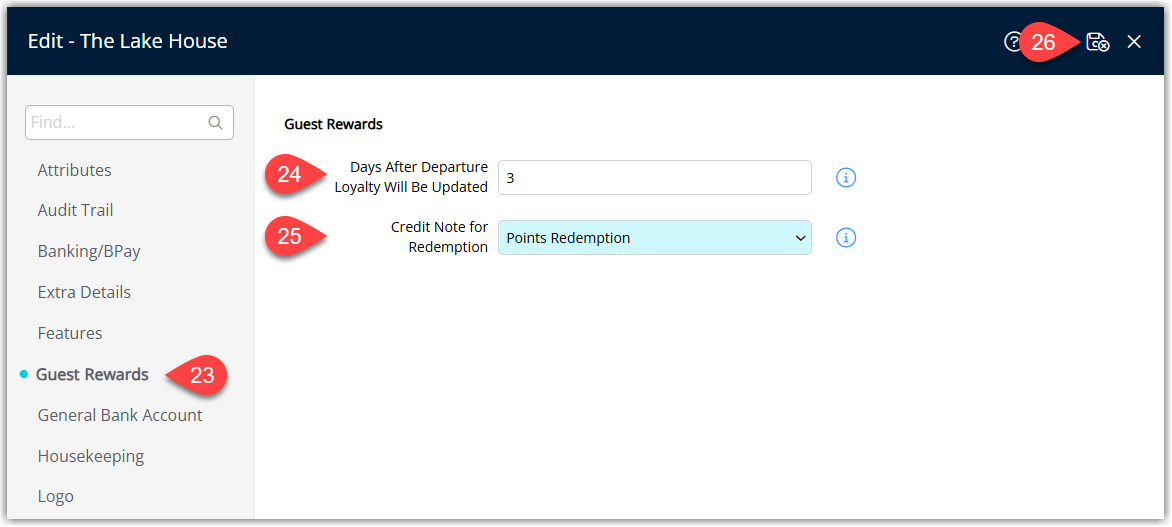 RMS Property Information ‘Guest Rewards’ tab showing fields for days after departure for point accumulation and selection of the unassigned credit note for point redemption.