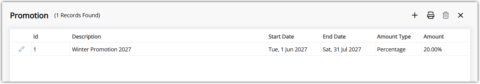 RMS Guest Rewards Promotion screen showing promotional date ranges where guests can earn or redeem points at adjusted rates.
