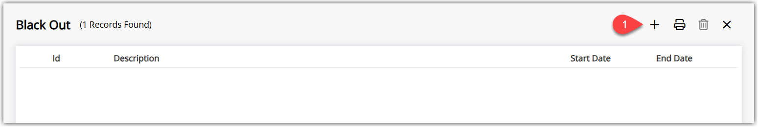 Annotated screenshot of the Black Out screen in RMS highlighting the Add icon