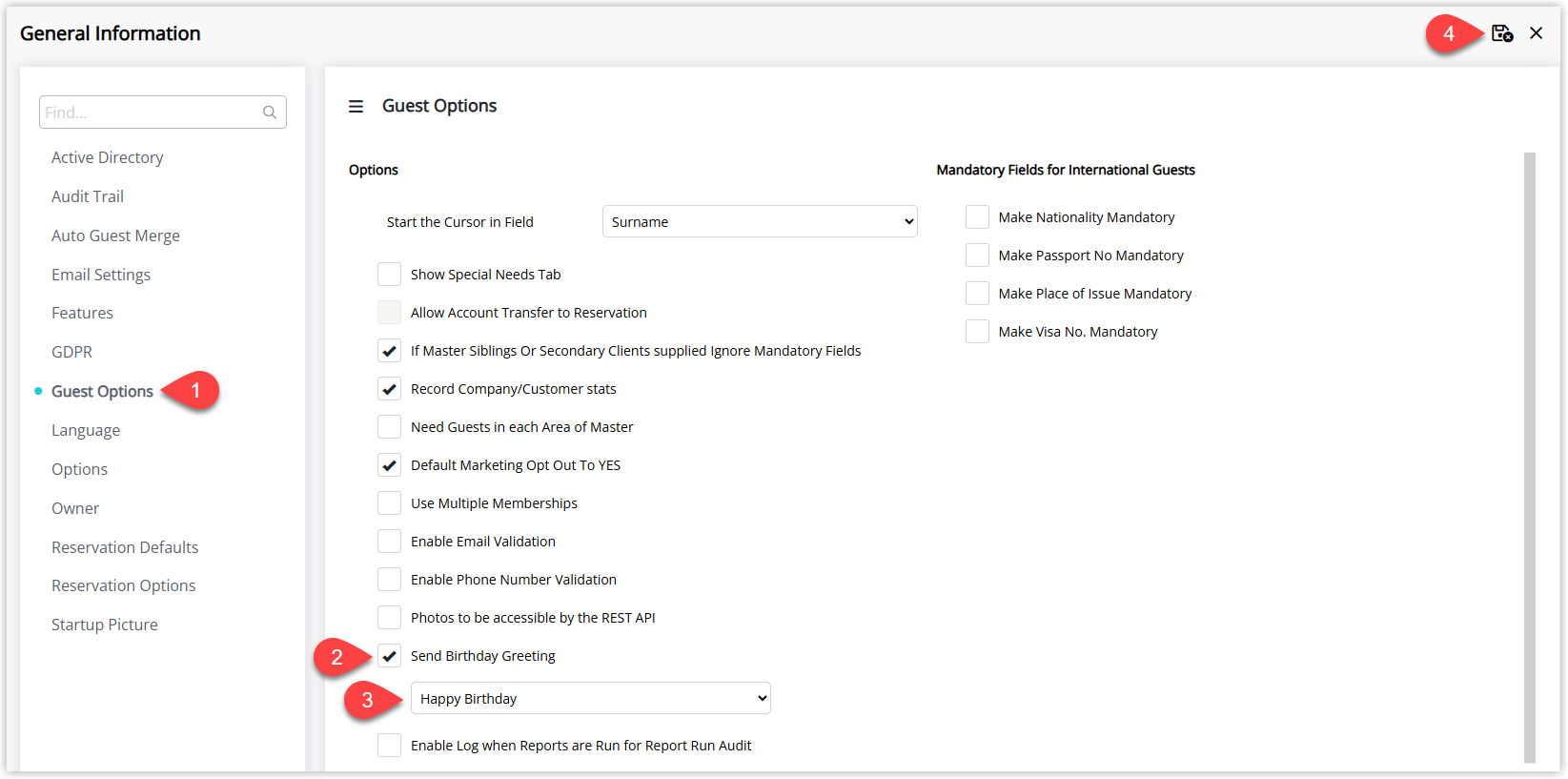 Annotated screenshot of the Guest Options screen in RMS with the Send Birthday Greeting option and its greeting template highlighted