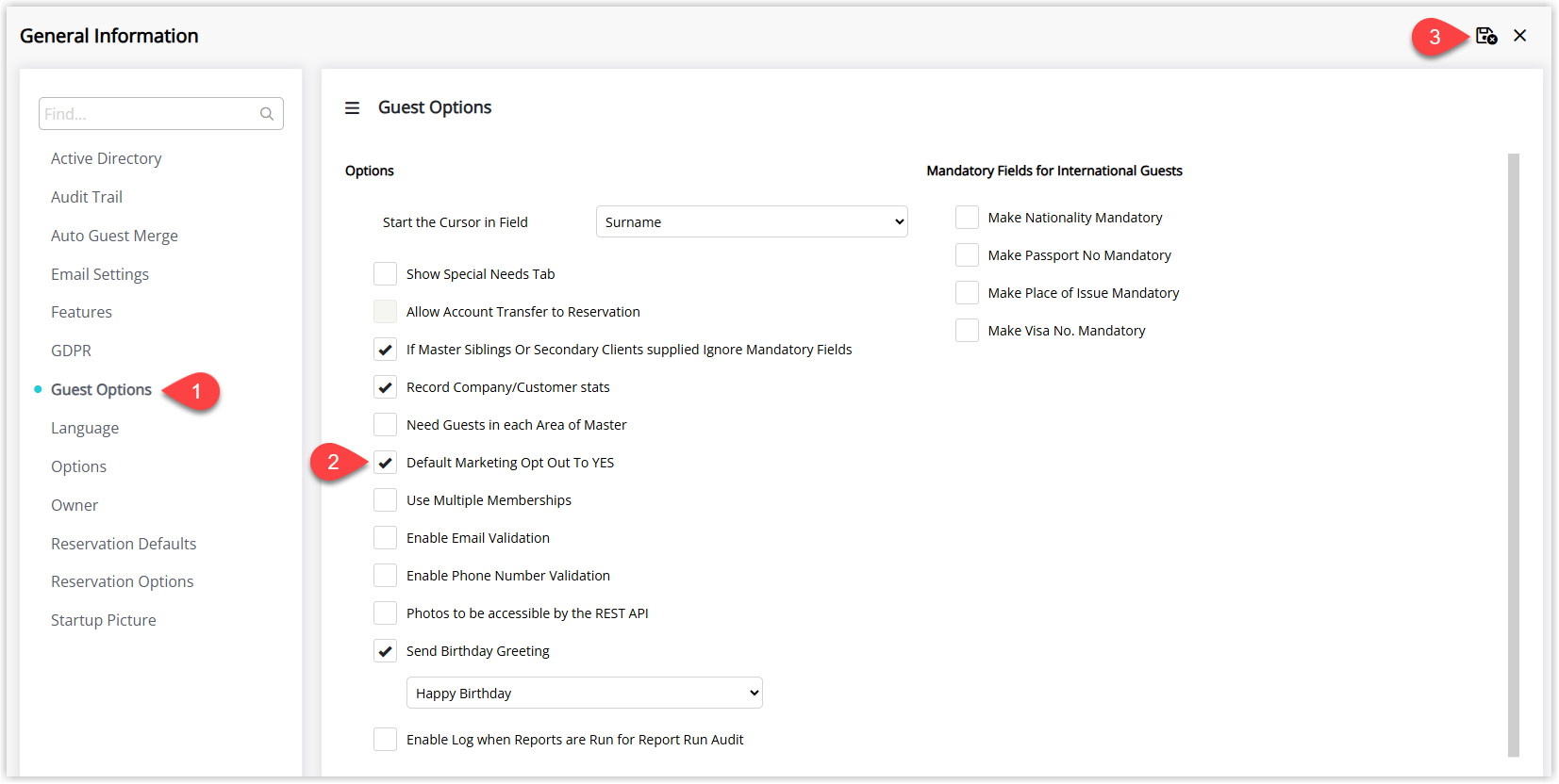 Annotated screenshot of the Guest Options screen in RMS with the Default Marketing Opt Out To YES option highlighted