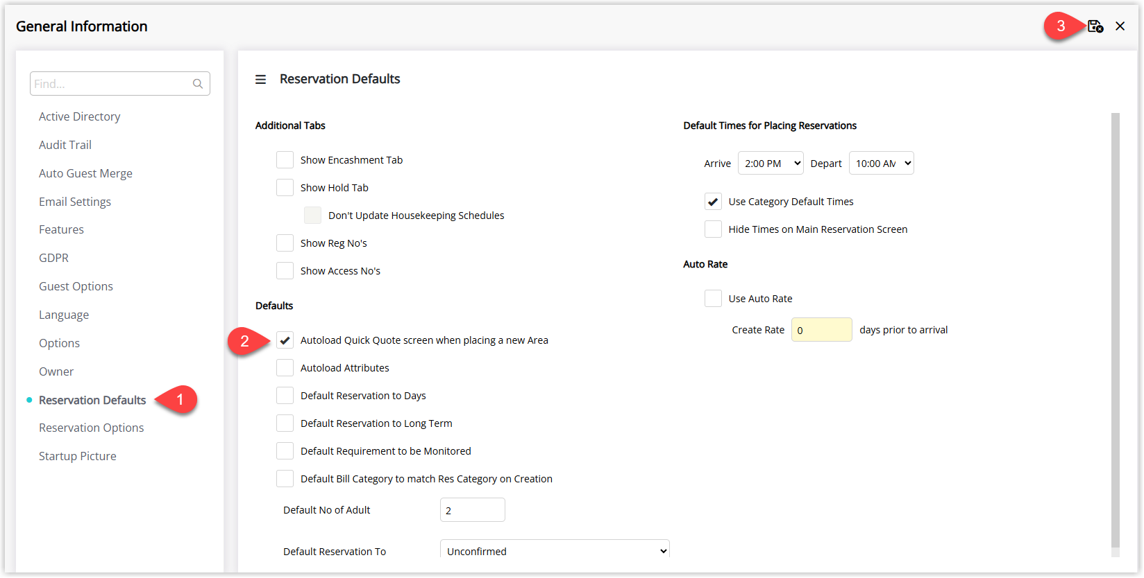 Annotated screenshot of the Reservation Defaults screen in RMS with the Autoload Quick Quote screen when placing a new Area option highlighted