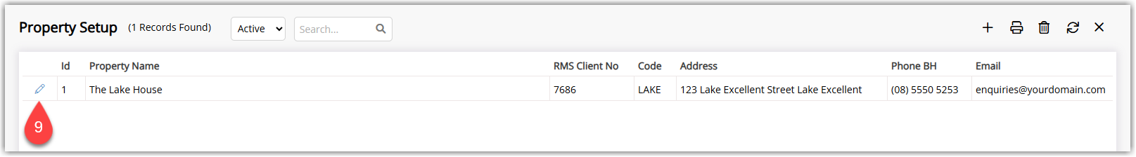 RMS Property Information list displaying multiple properties with one property highlighted and the Edit option selected to configure loyalty and Guest Rewards settings.