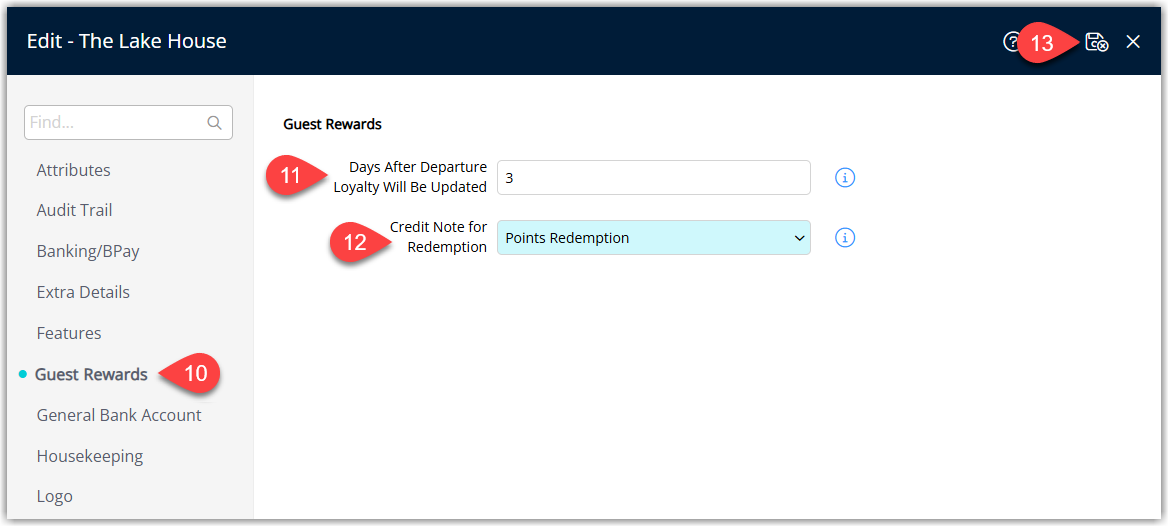 RMS Property Information edit screen on the Loyalty Guest Rewards tab showing the Credit Note for Redemption dropdown set to the Unassigned Credit Note created for loyalty point redemptions, with the Save/Exit button highlighted to apply the setting for Guest Reward Point Redemption on accounts.