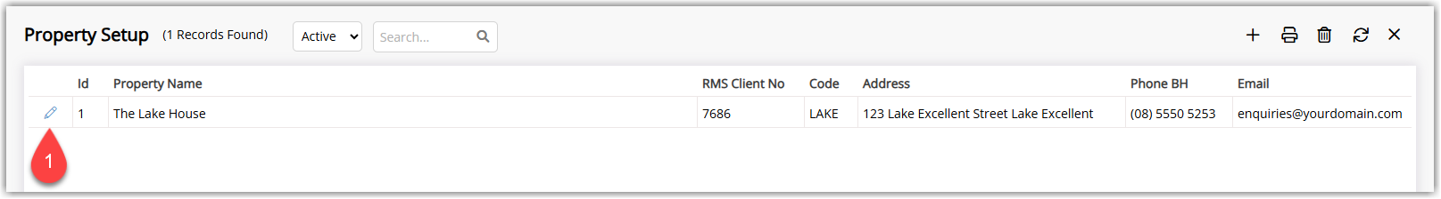RMS Property Information list showing existing properties with one property highlighted and the Edit button selected to open its configuration.