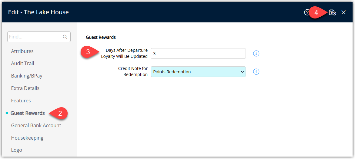 RMS Property Information window on the Loyalty Guest Rewards tab showing loyalty configuration fields including the number of days after departure that loyalty points are credited to the guest profile and the Credit Note for Redemption option, with Save/Exit selected to apply the changes.