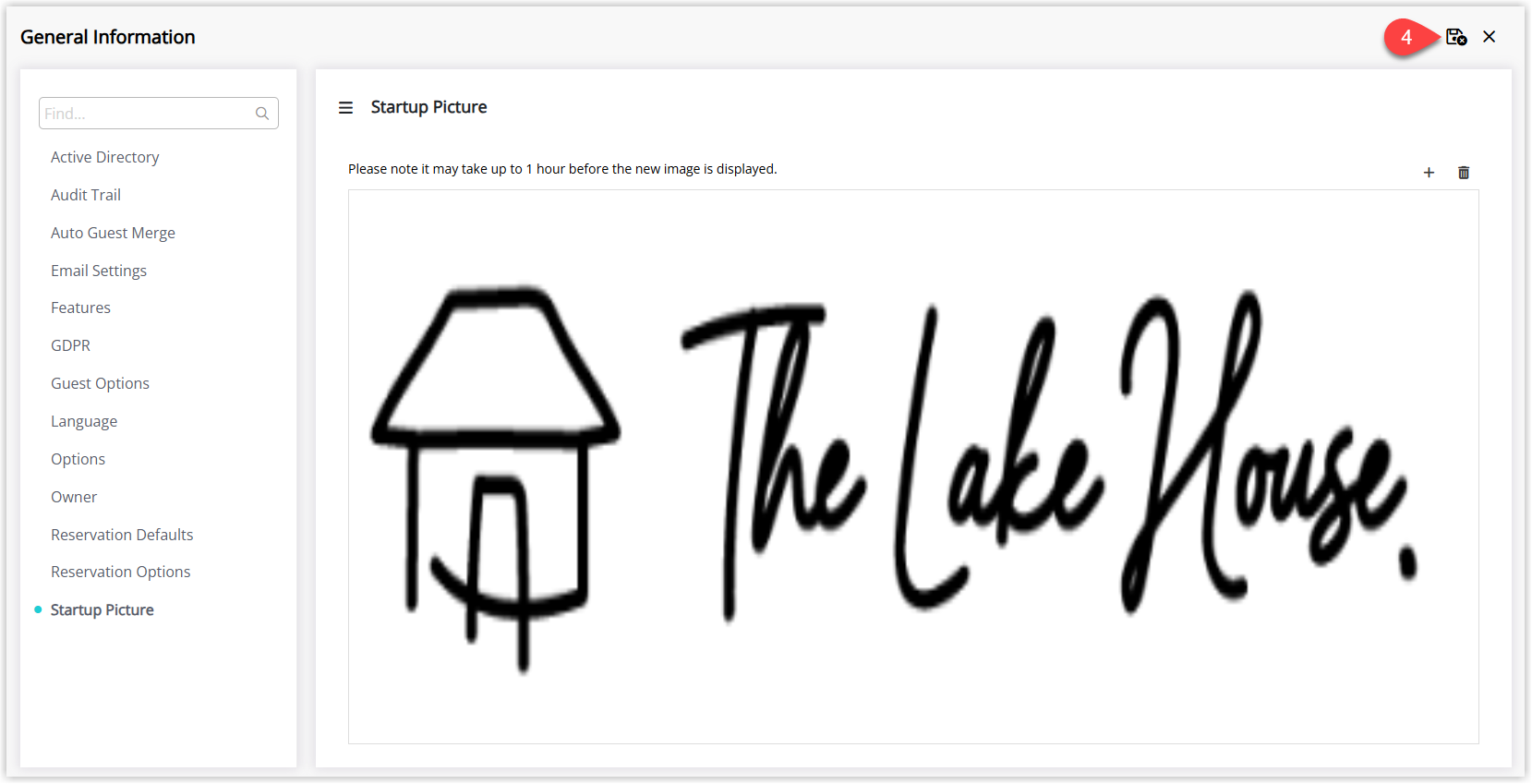 Annotated screenshot of the General Information Startup Picture screen in RMS showing the uploaded startup image with the Save button highlighted