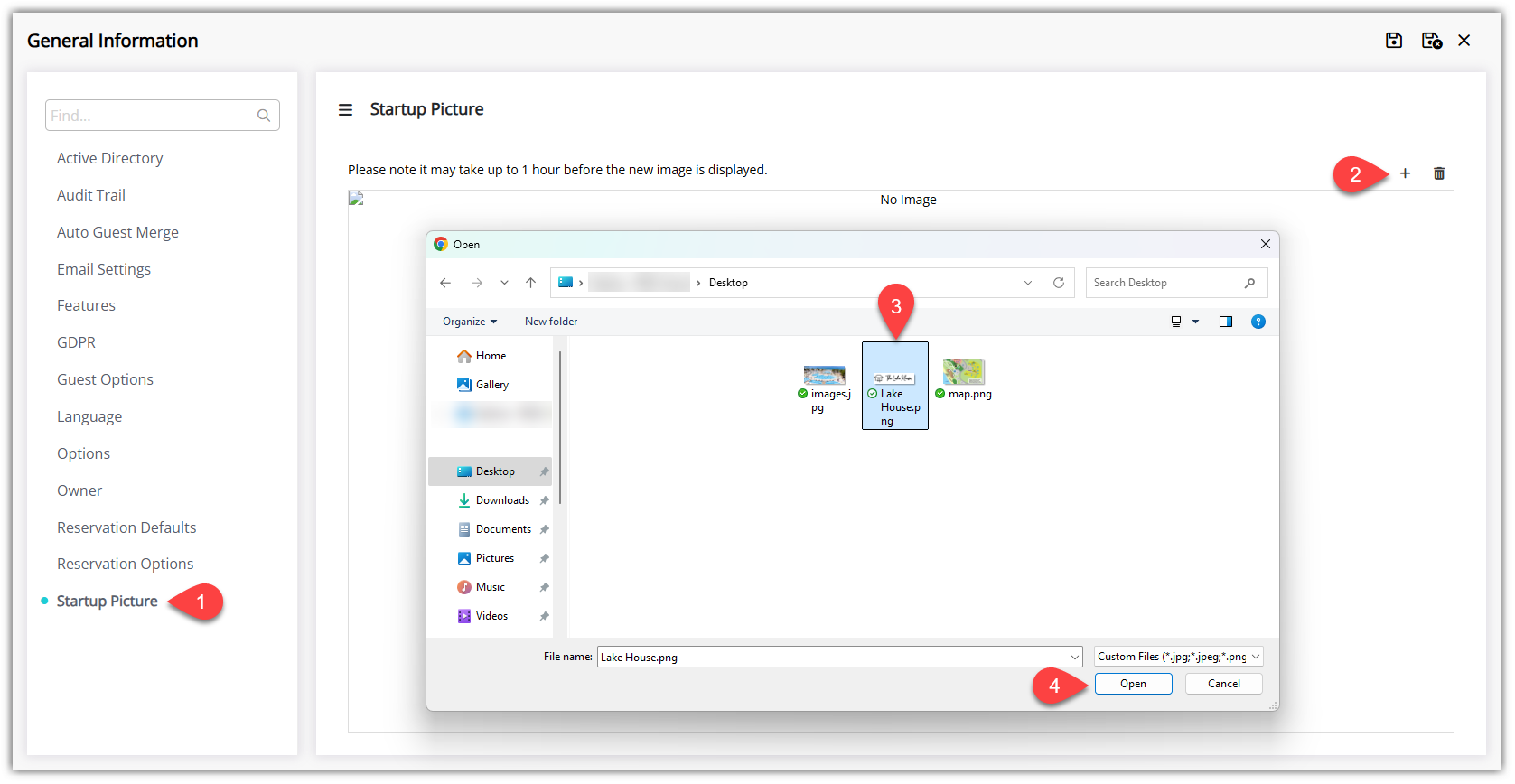 Annotated screenshot of the General Information Startup Picture screen in RMS with a file browser open to select an image file