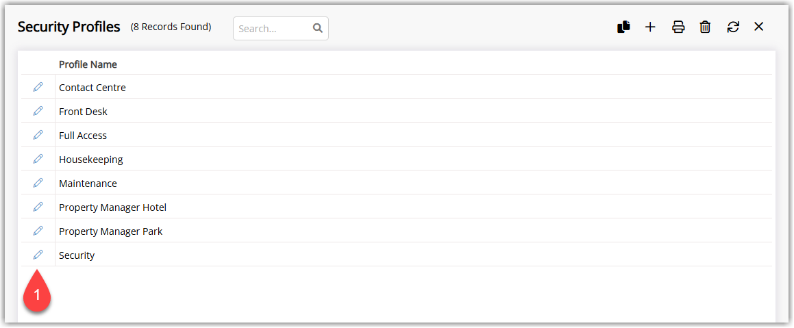 RMS Security Profiles list showing multiple profiles with one profile highlighted and the Edit icon selected to open its permissions for modification.