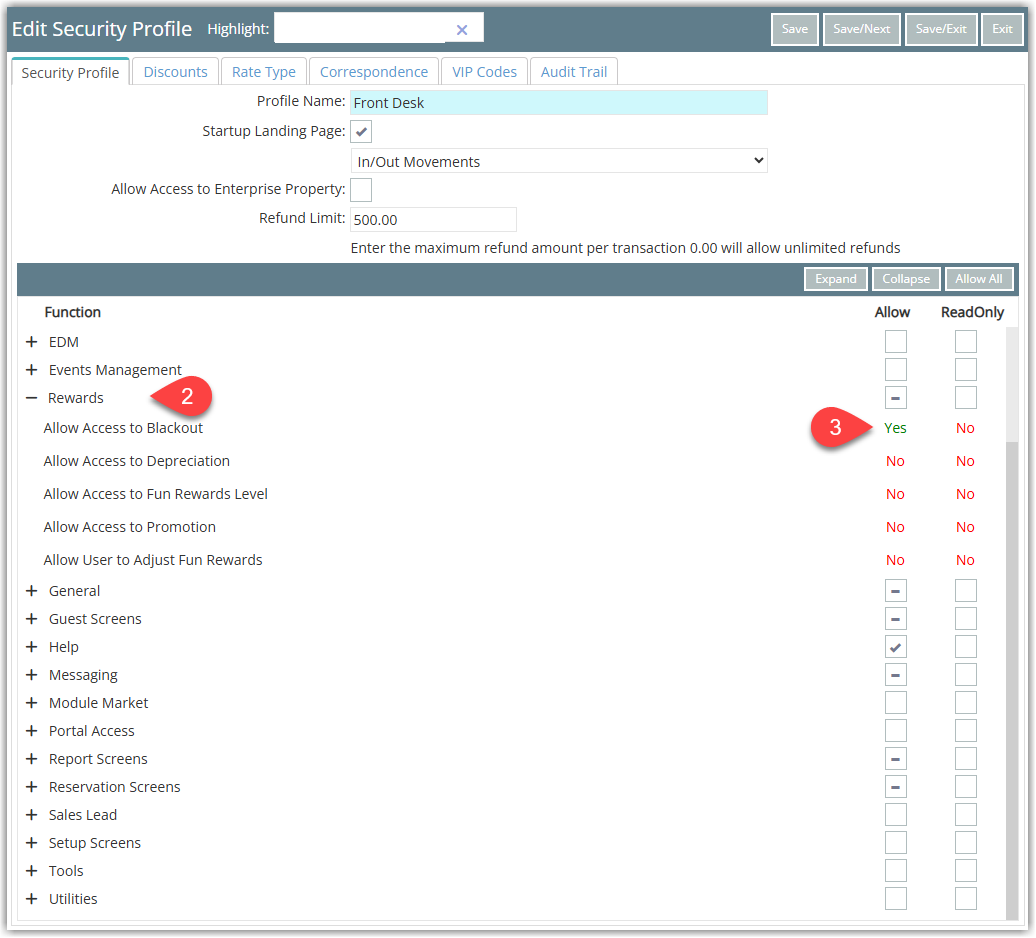 RMS Security Profile permissions screen with the Loyalty/Rewards function group expanded, showing several Guest Loyalty options with No/Yes columns, and the Yes value selected to allow access to Guest Rewards setup and point adjustments.