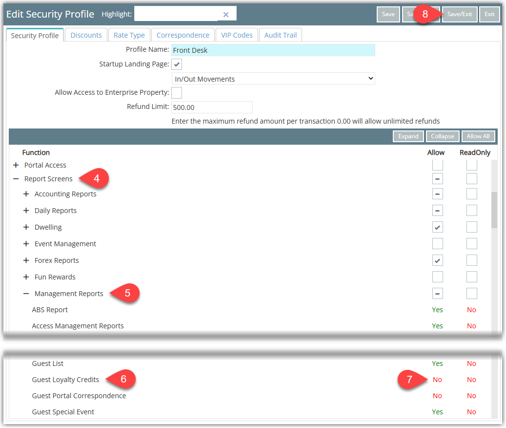 RMS Security Profile permissions screen with the Report Screens section expanded, Management Reports opened, and the Guests Loyalty Credits permission set to Yes, with the Save/Exit button highlighted to store the updated Guest Rewards access settings.