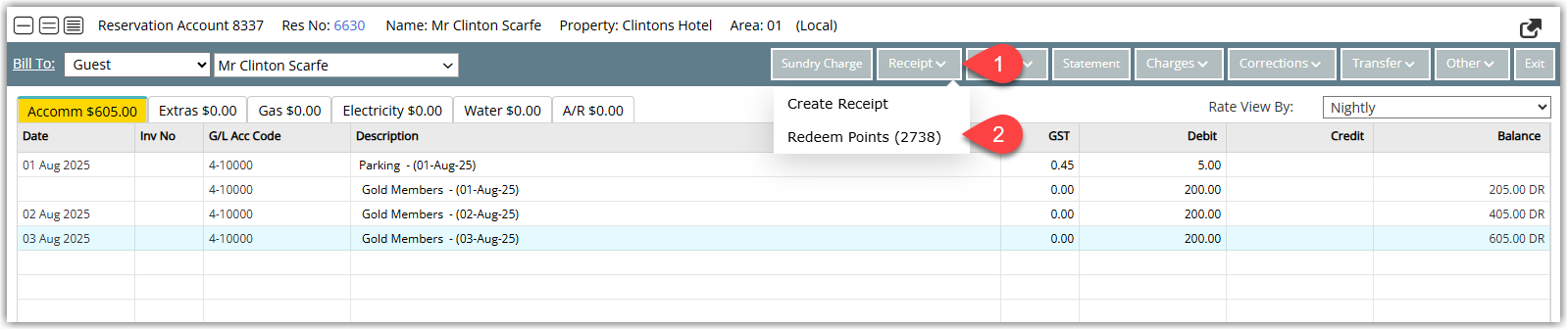 Screenshot of the Reservation Account screen in RMS with the Receipt menu dropdown expanded and the Redeem Points option highlighted, showing the available points in brackets next to the menu item.