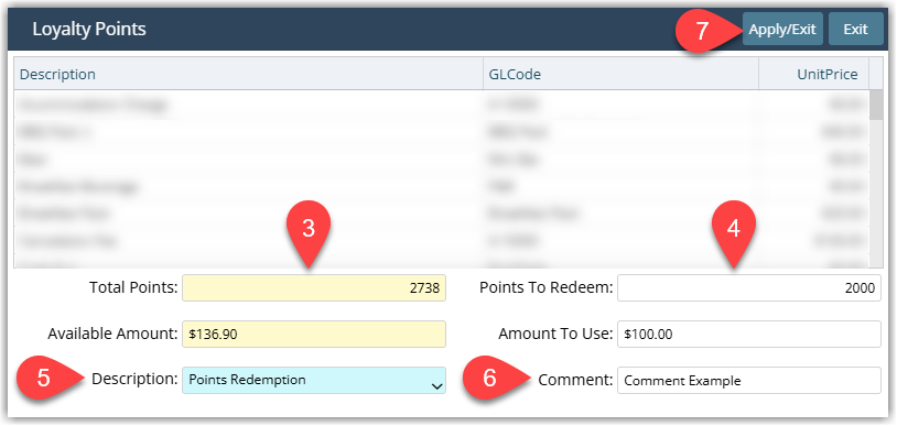 Screenshot of the Redeem Points window in RMS showing fields for Total Points and equivalent Amount, input boxes to enter Amount to Redeem in either points or monetary value, optional Sundry Charge/Credit Note and Comment fields, and the Apply/Exit button highlighted to post the redemption to the account.