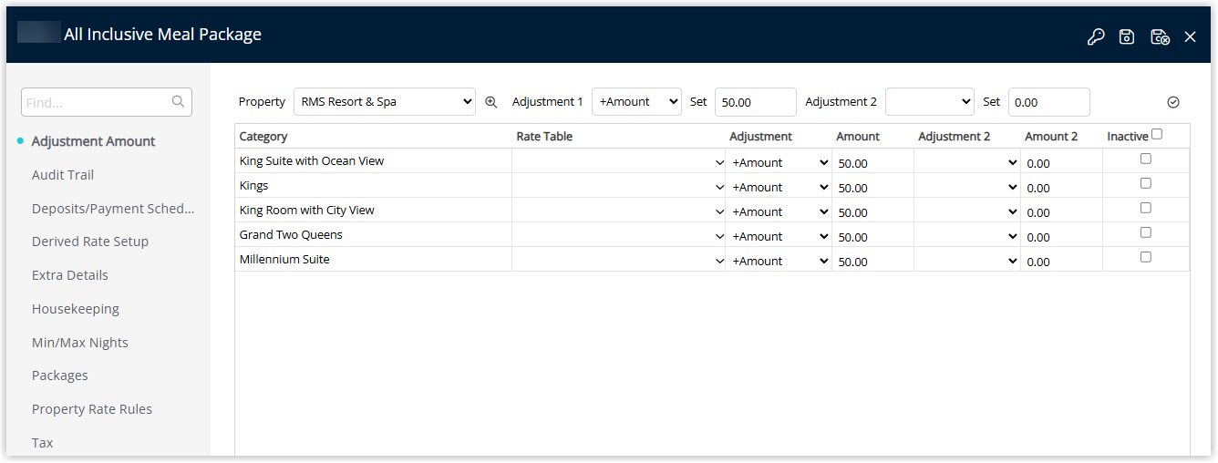 RMS Derived Rate setup screen showing the Master Rate Type set to the room-only rate and an Adjustment Amount of +50.00 configured to create a packaged OTA rate that includes add-ons like breakfast.