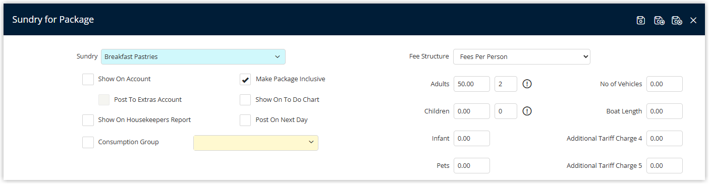 RMS Derived Rate and Package configuration example showing a derived OTA rate with a +$50 adjustment and an inclusive package component set to Fees Per Person with 2 Adults included to cover two breakfasts per night.