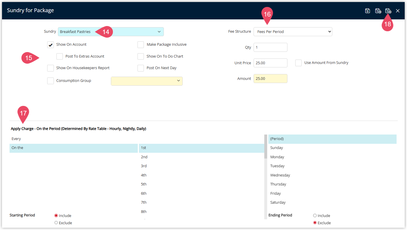 RMS Package Component setup screen for a Rate Type showing a Sundry Charge selected, Package Options ticked, Fee Structure and Amount to Charge configured, Apply Charge options set, and the Save/Exit button highlighted to save the package component.