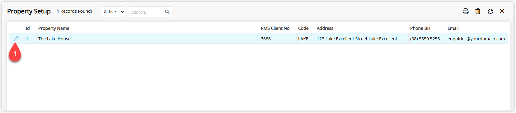Property Information list in RMS showing existing properties with an Edit icon next to each property to open its configuration