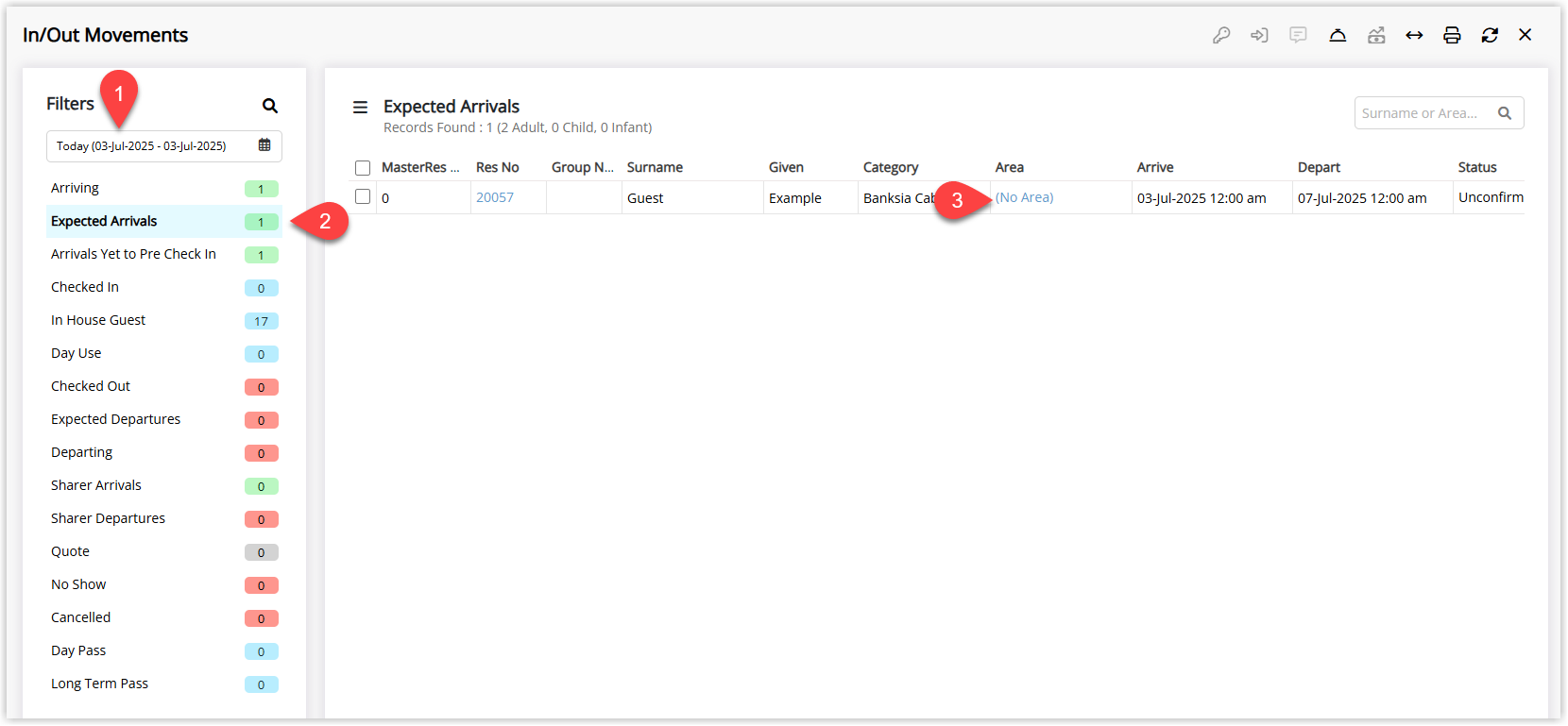 Screenshot of the In/Out Movements screen in RMS showing a list of reservations with one row displaying No Area in the Area column, ready to be changed to an allocated area.