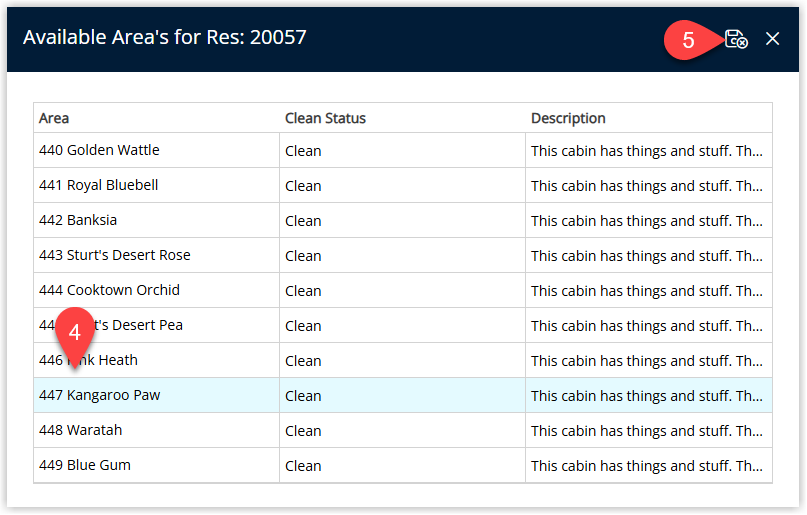 Screenshot of an Area selection window in RMS opened from In/Out Movements, showing a list of available areas for the selected reservation and a Save/Exit button to confirm the allocation.
