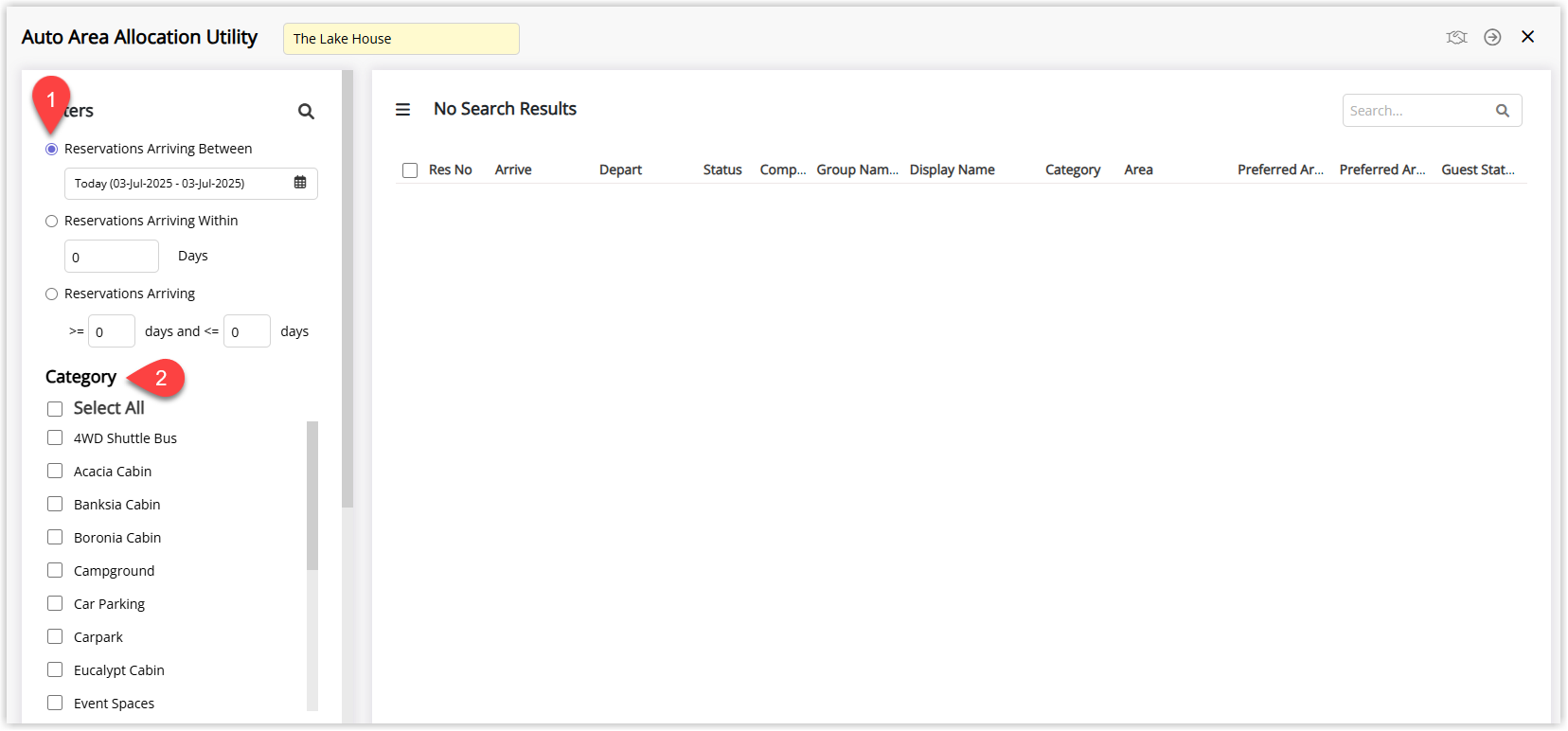 Screenshot of the Auto Area Allocation screen in RMS showing controls for Date Filter and date range, along with a list of Categories with checkboxes to select which categories to include in the allocation.