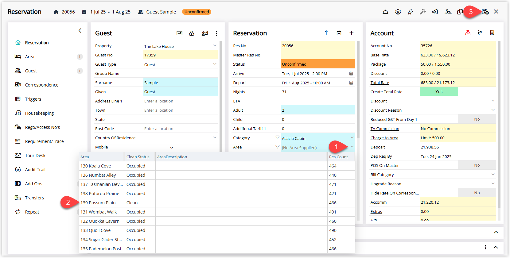 Screenshot of a reservation in RMS showing the Area field with a dropdown list of available areas in the selected category and the Save/Exit button used to confirm the area allocation.