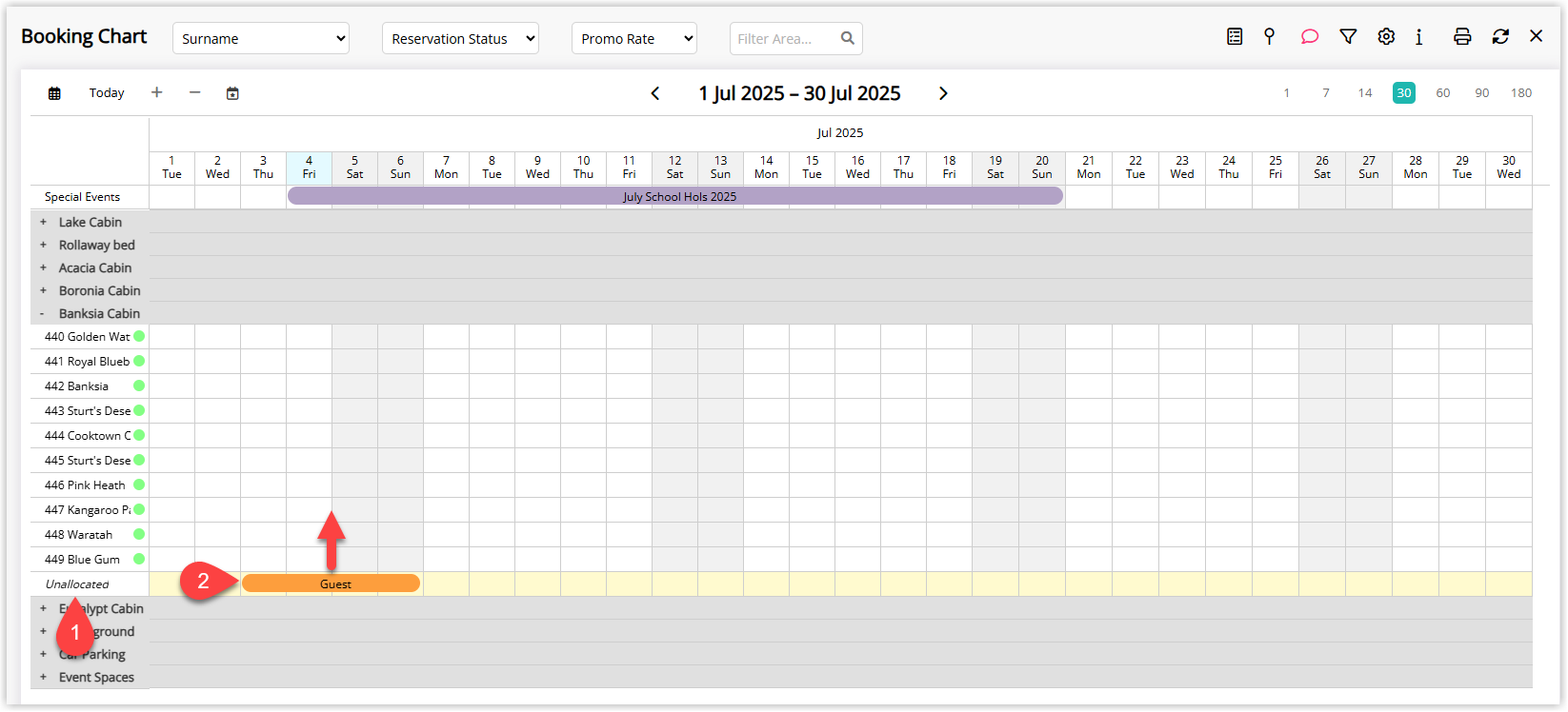 Screenshot of the Booking Chart in RMS with an Unallocated Reservations row displayed and a reservation being dragged from the unallocated row onto a specific area row within the same category.