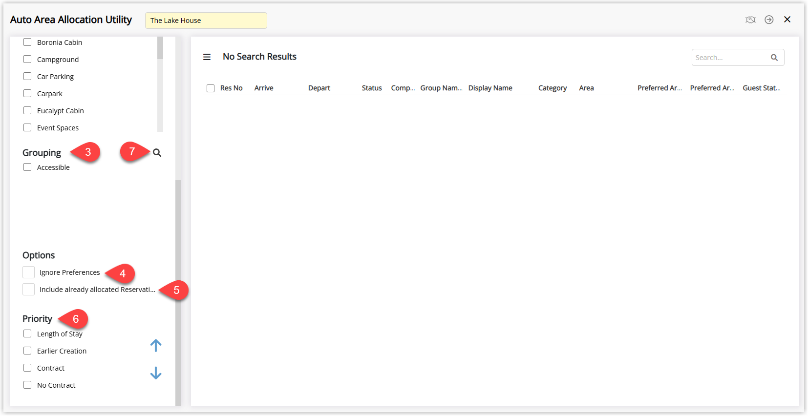 Screenshot of the Auto Area Allocation setup in RMS showing options for Grouping, checkboxes for Ignore Preferences and Include Already Allocated Reservations, a list of Allocation Priorities with arrow icons to set order and a Search button to display applicable reservations.