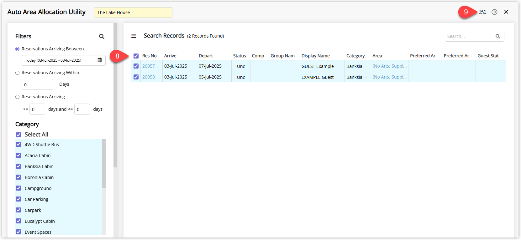 Screenshot of Auto Area Allocation results in RMS listing reservations that match the search criteria with checkboxes to select individual reservations and an Allocate button highlighted to assign areas automatically.