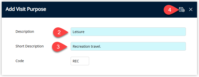 RMS Visit Purpose edit window displaying fields for Description, Short Description and optional Code filled in for a new visit purpose, with the Save/Exit button selected to add the new option for use on the Guest Profile and Reservation screens.
