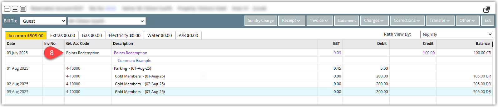 Screenshot of the Reservation Account transactions list in RMS showing a new line for Guest Reward Points redemption as a credit against the account balance, confirming that loyalty points have been successfully applied.