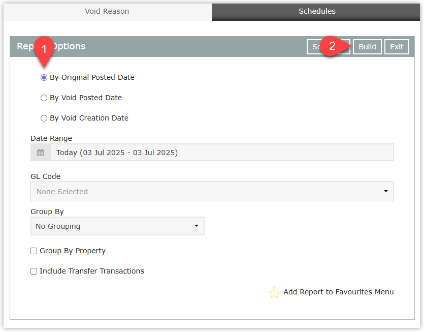 Annotated screenshot of the Void Reason report options in RMS showing the date type options, date range, and grouping fields with the Build button highlighted