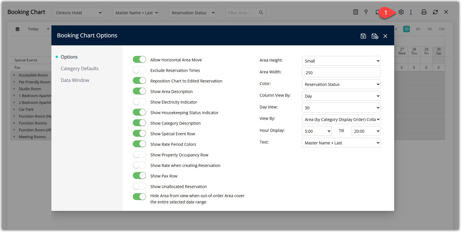 RMS Booking Chart screen showing reservations laid out across dates with the Options button highlighted to open the Booking Chart Options panel where display preferences can be configured per user.