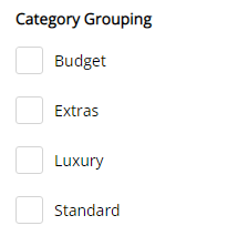 Screenshot of the In/Out Movements screen in RMS with the Category Grouping filter highlighted, showing example groupings such as Budget, Extras, Luxury and Standard used to limit the list to reservations in categories within the selected group.