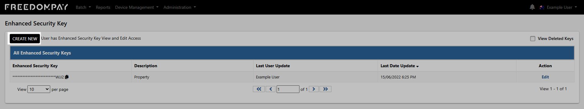 Enhanced Security Keys page in FreedomPay Enterprise Portal showing a Create New button to add a new Enhanced Security Key.