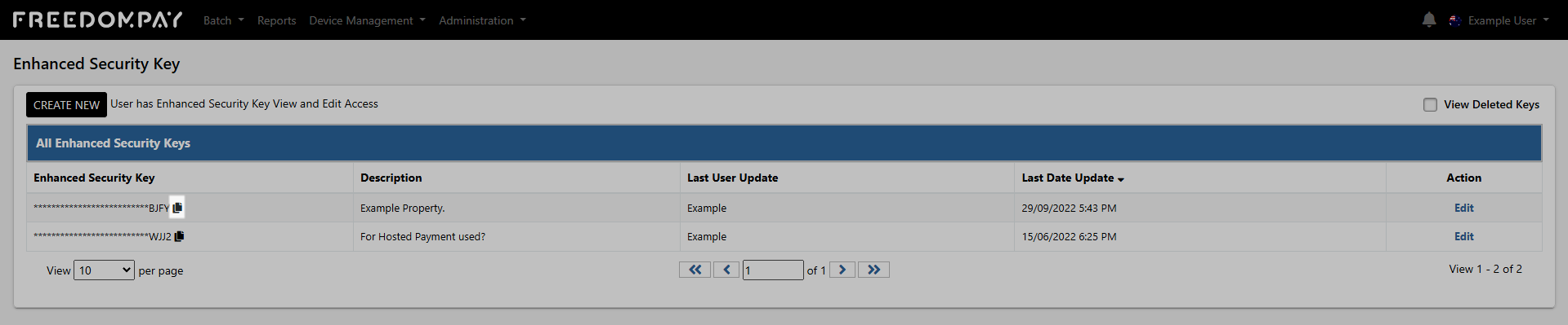 Enhanced Security Keys list in FreedomPay Enterprise Portal showing the newly created key with a Copy icon used to copy the Enhanced Security Key value for RMS configuration.