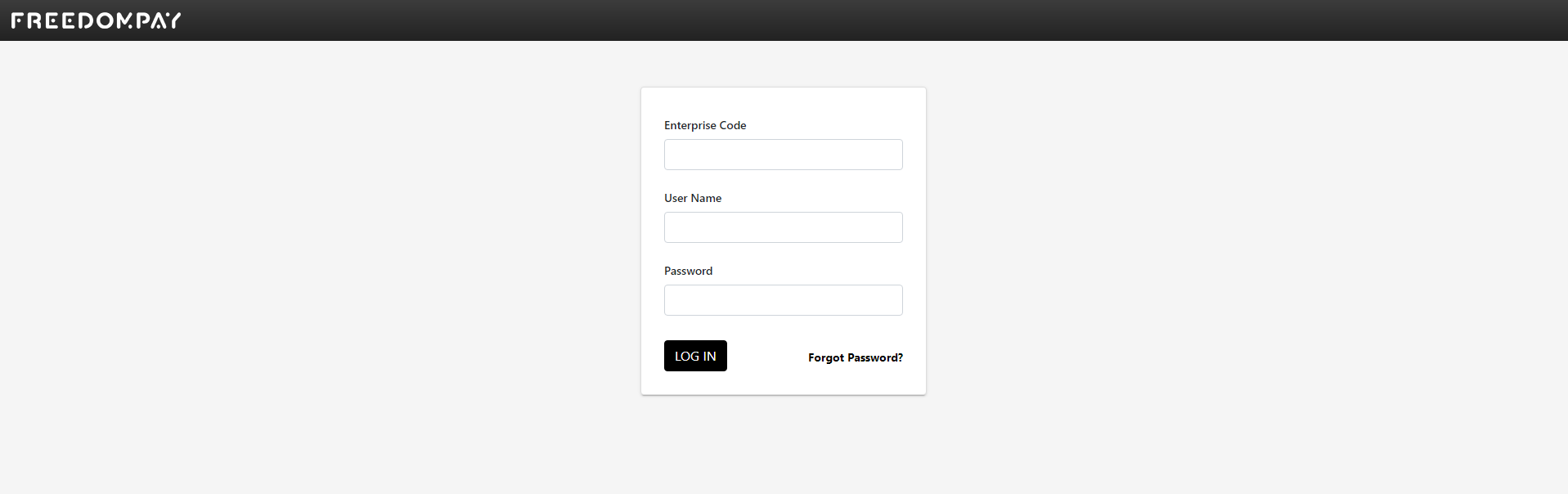 FreedomPay Enterprise Portal login page showing fields for Enterprise Code, Username and Password with a Login button.
