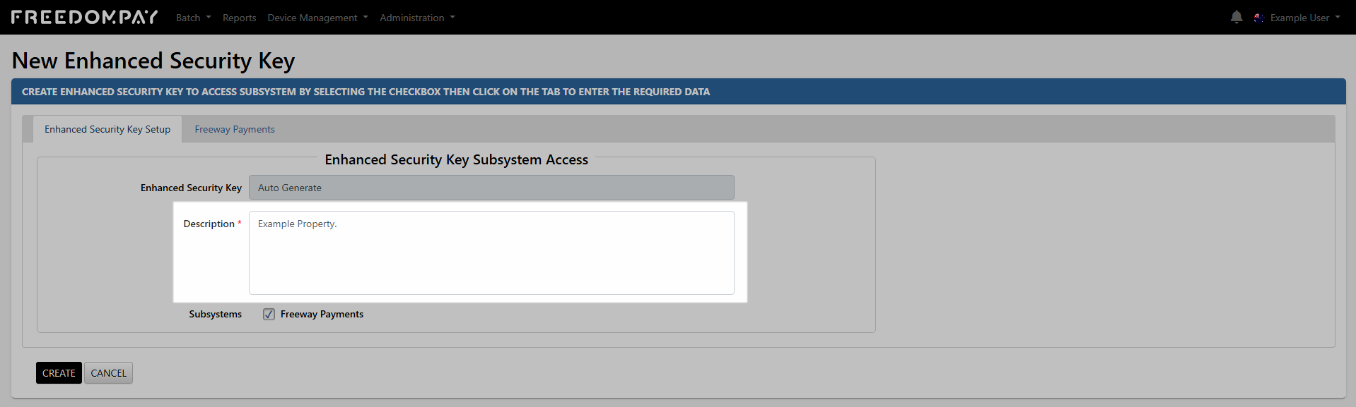 New Enhanced Security Key form in FreedomPay Enterprise Portal with a Description field ready to be filled in before creating the key.