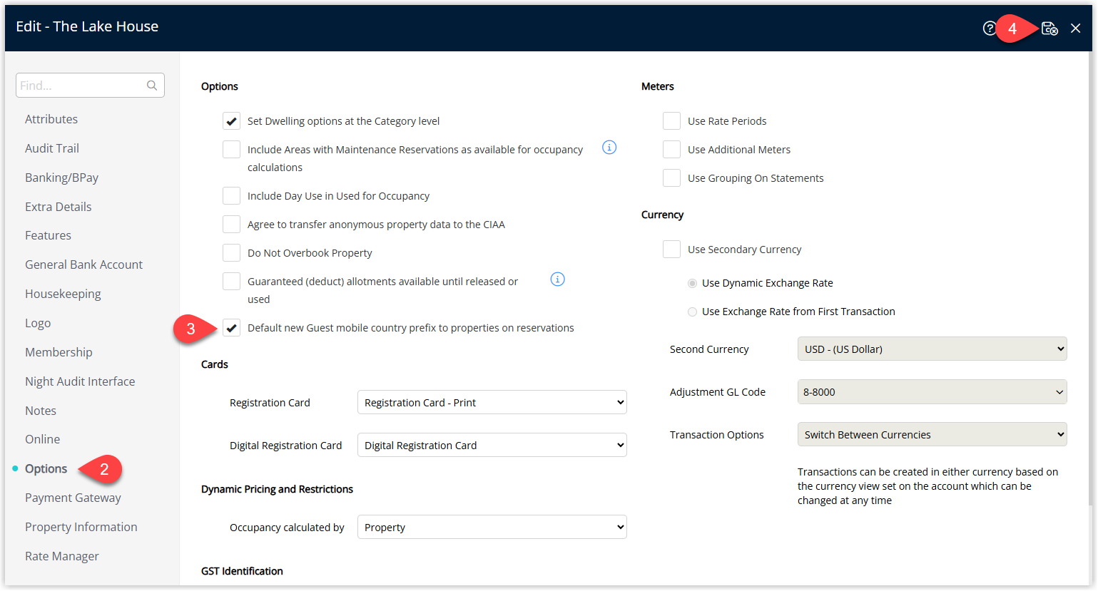 RMS Property Information window on the Options tab showing the checkbox Default new Guest mobile country prefix to property's on reservations ticked, with the Save/Exit button selected.