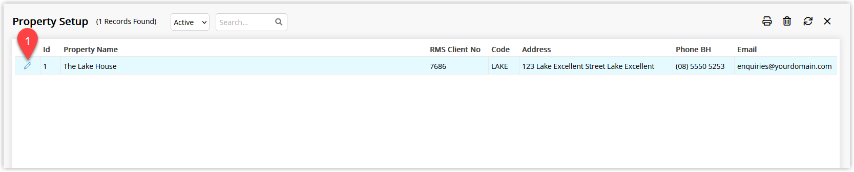 RMS Property Information list showing an existing property with the Edit option selected to open its settings.