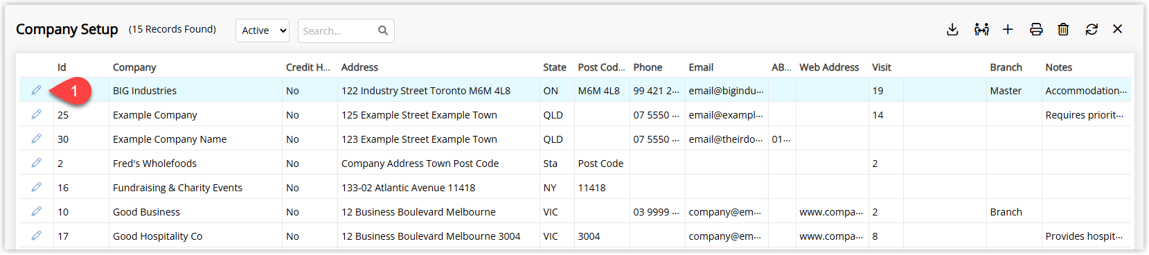 RMS Company list screen showing multiple companies with one company highlighted and the Edit button selected to open its setup.
