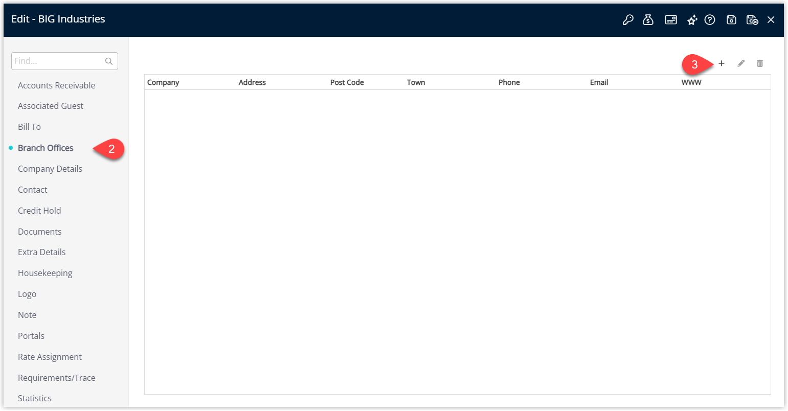 RMS Company edit window on the Branch Offices tab showing an Add button or icon to open a list of companies that can be linked as branch offices.
