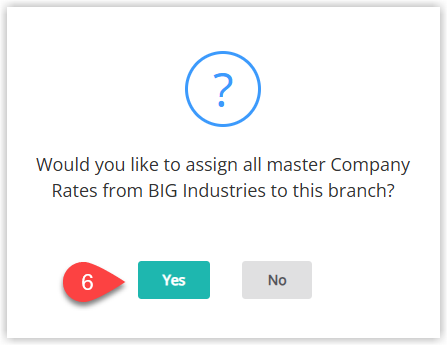 RMS Branch Offices configuration dialog showing an option to apply the master company’s rates to all attached branch companies, with Yes or No selected before saving.
