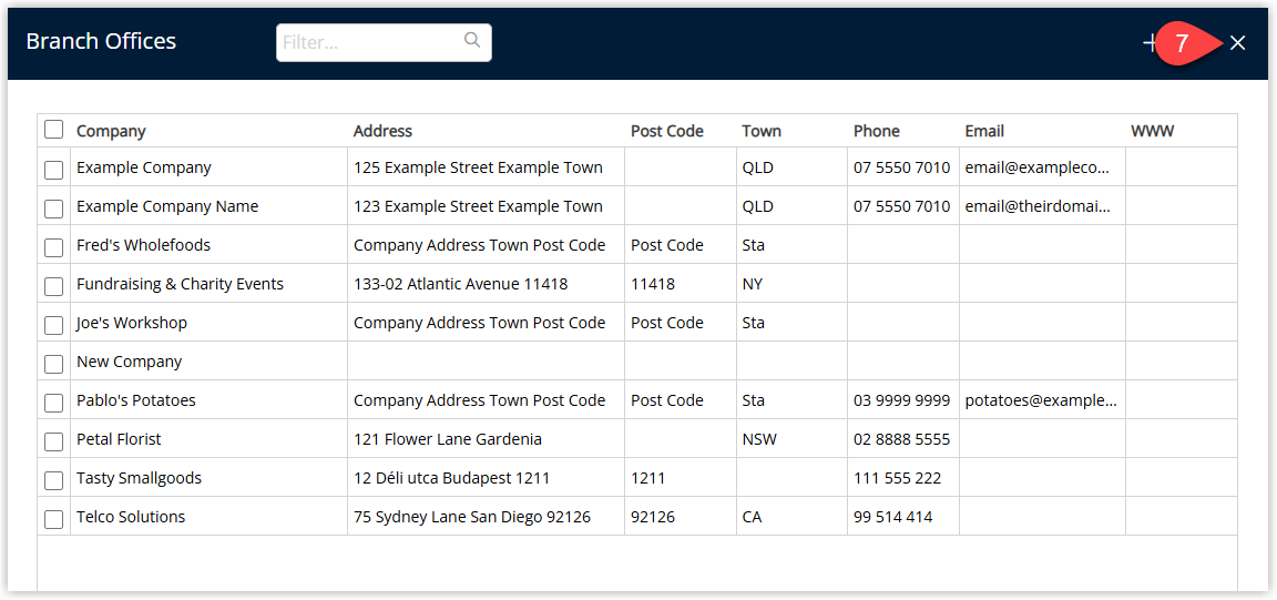 RMS Company edit window on the Branch Offices tab showing attached branch offices listed and the Exit or Save/Exit button clicked to return to the main company setup screen.