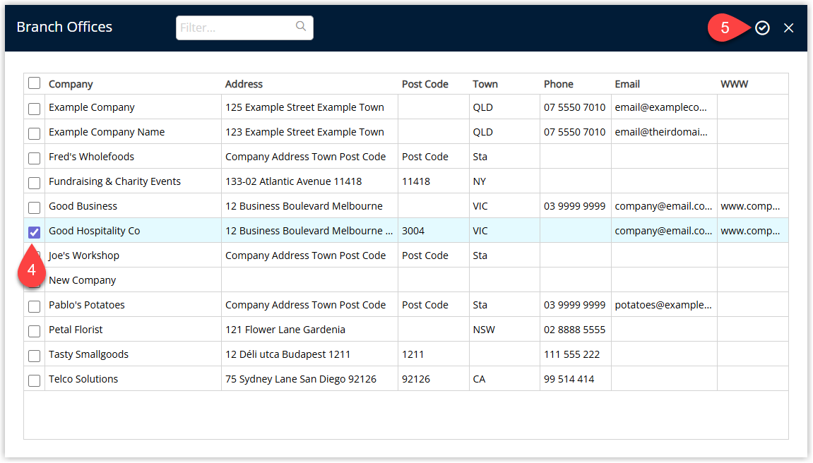 RMS Branch Offices selection window listing available companies with checkboxes ticked for chosen branch companies and the Attach icon or button selected to link them as branches of the master company.