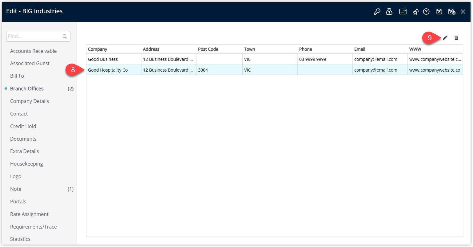 RMS Company list with a branch company selected and the Edit button clicked to open its configuration, including Accounts Receivable options.