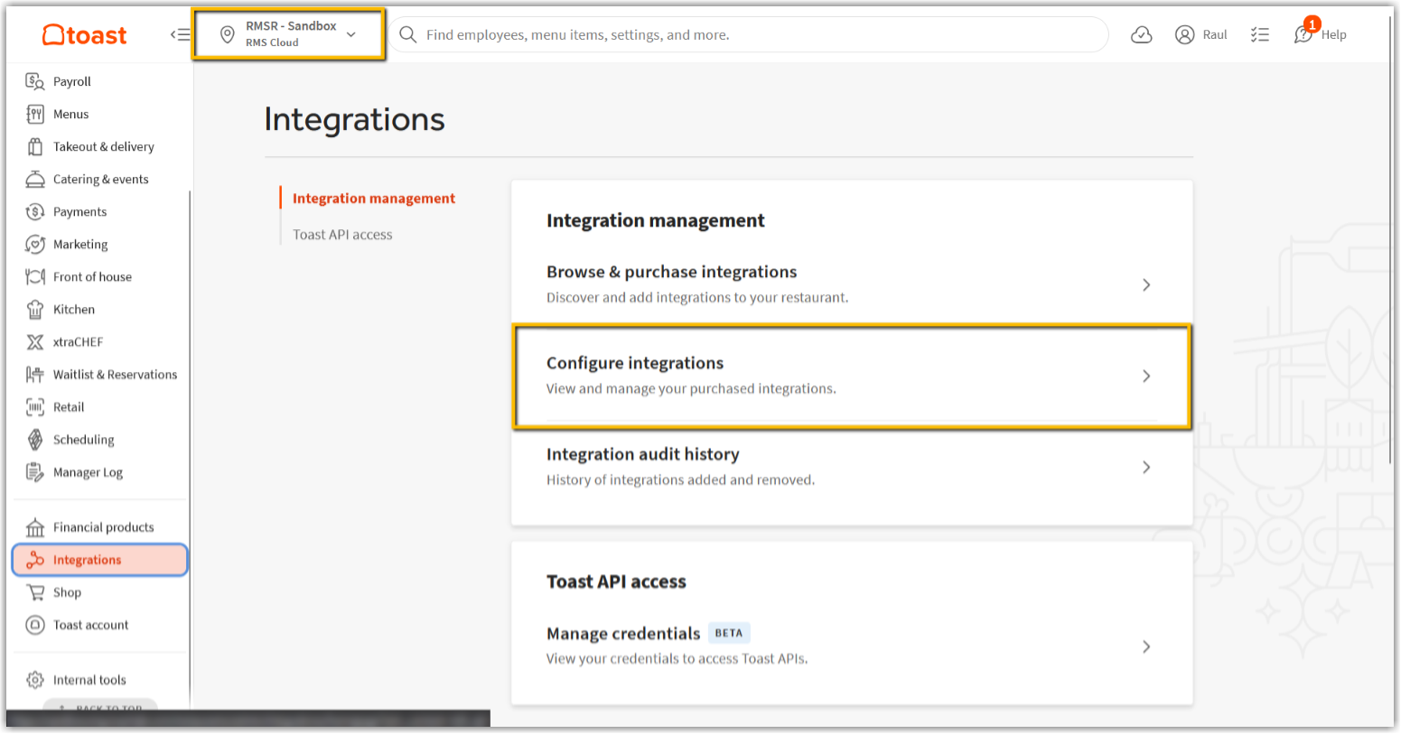 Screenshot of the Toast POS Integrations page with Configure integrations highlighted