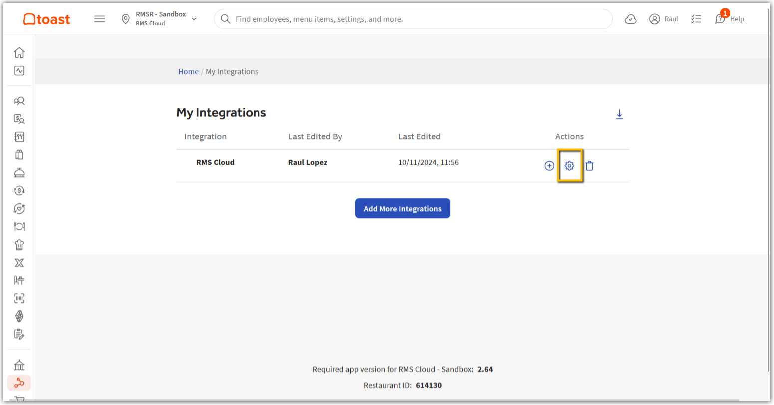 Screenshot of the Toast POS My Integrations page with the RMS Cloud integration settings icon highlighted
