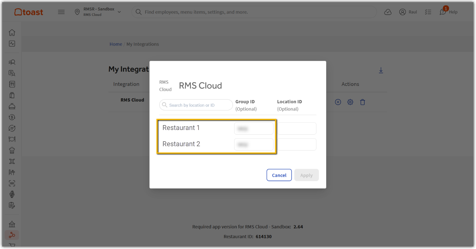 Screenshot of the Toast POS RMS Cloud integration dialog with the Group ID fields highlighted for each restaurant
