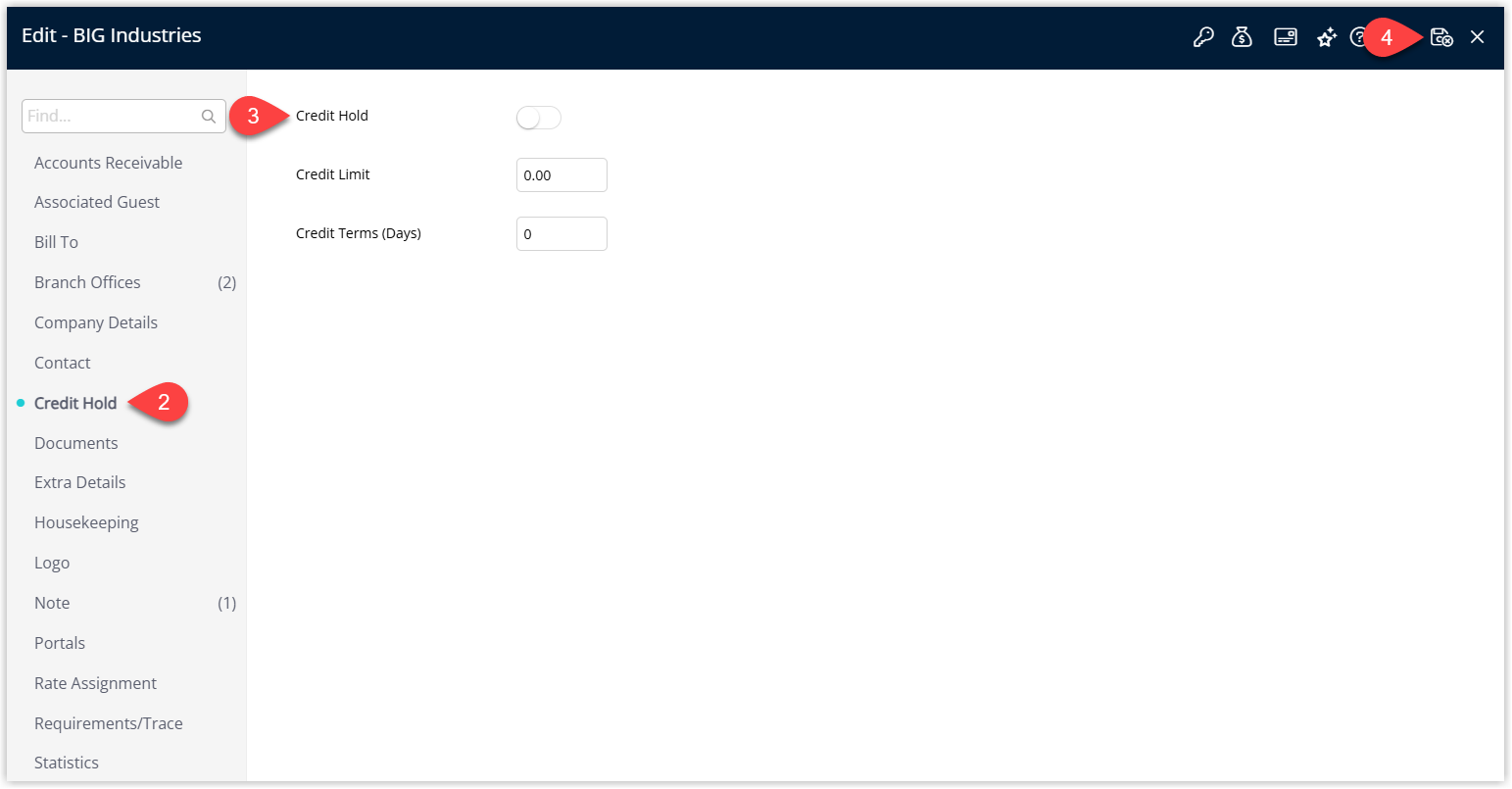 Annotated screenshot of the Company Credit Hold tab in RMS showing the Credit Hold toggle, Credit Limit, and Credit Terms fields